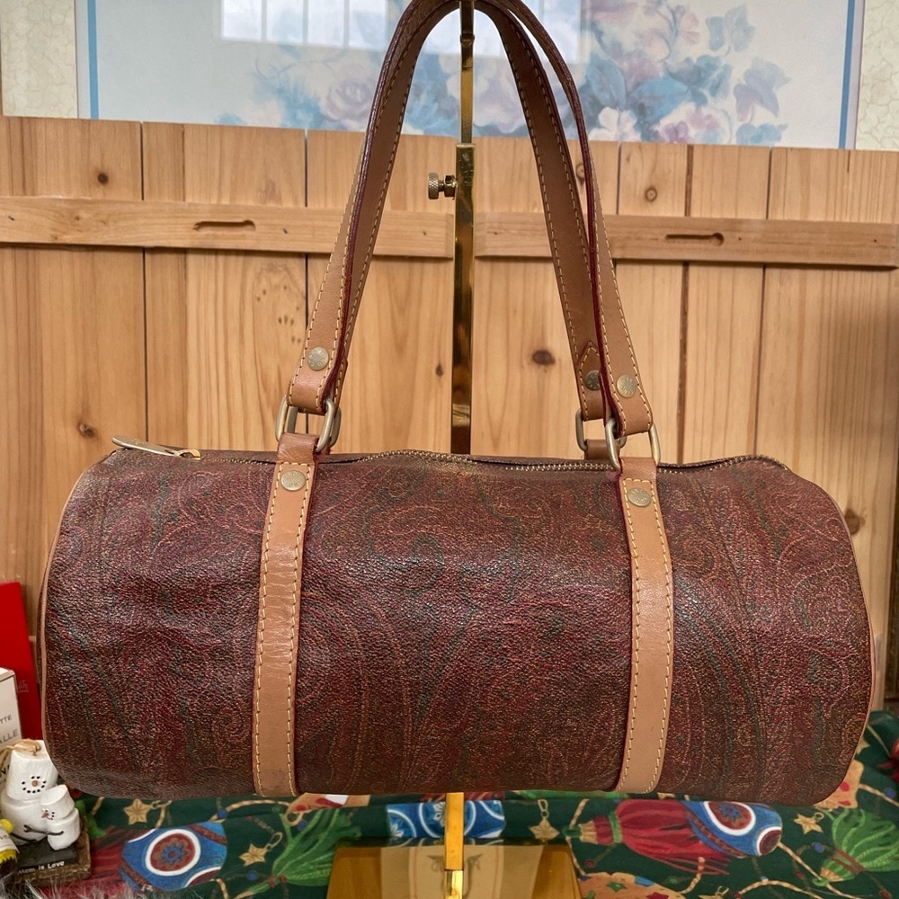 💜ETRO Vintage Elegant Paisley Papillon Bag with Tan Straps and Zipper Clo…